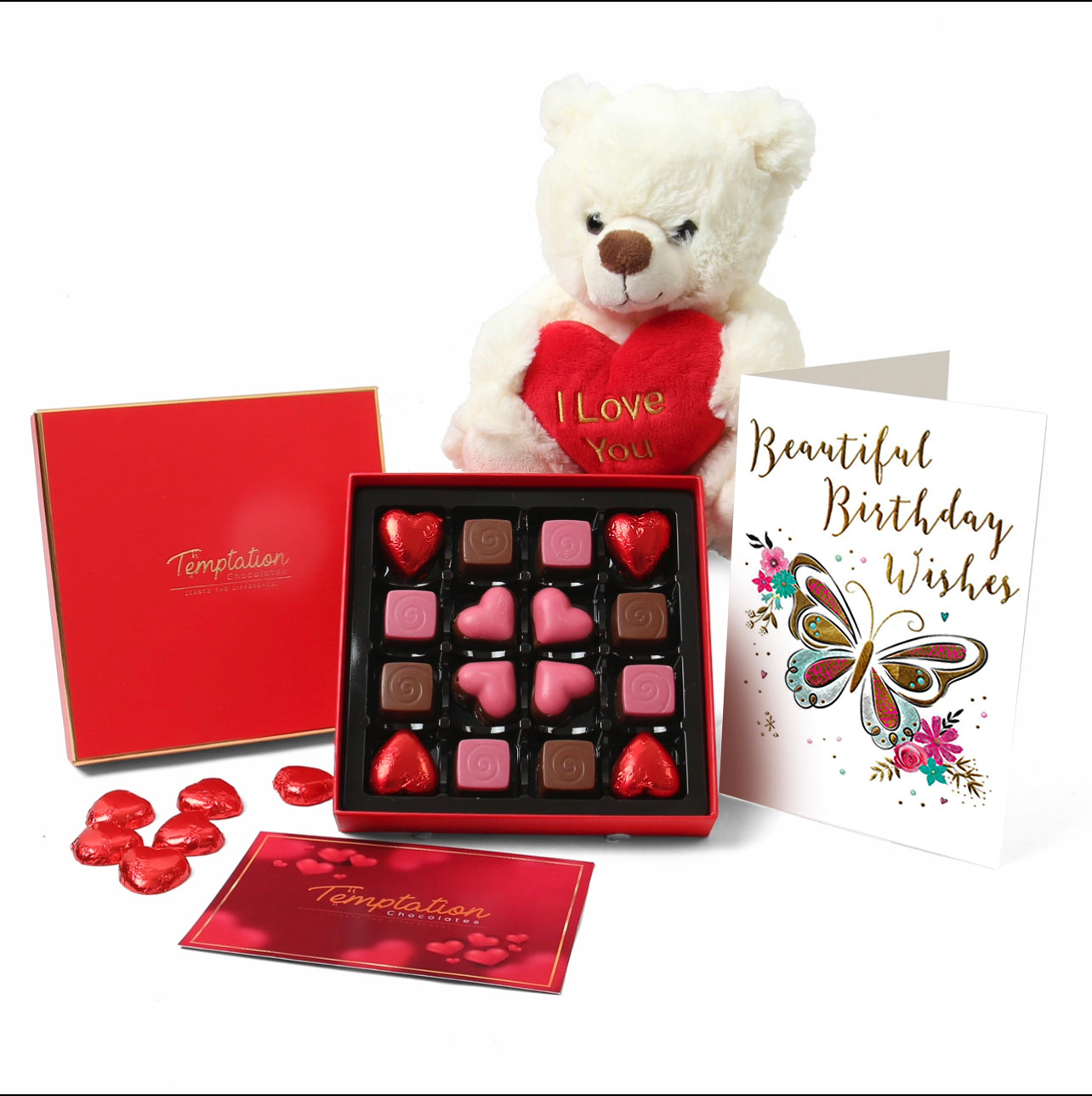One Cocoa London 16-Piece Chocolate Gift Set with Scented Rose Petals, Handmade Card, and 'I LOVE YOU' Teddy Perfect For Any Occasion