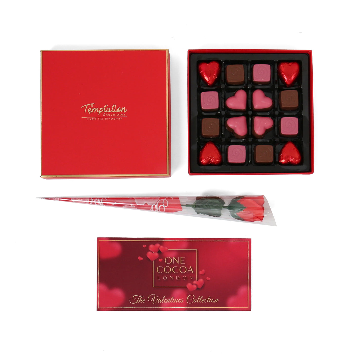 One Cocoa London 16-Piece Valentine's Chocolate Gift Set with Scented Rose Petals, Handmade Card, and 'I LOVE YOU' Teddy
